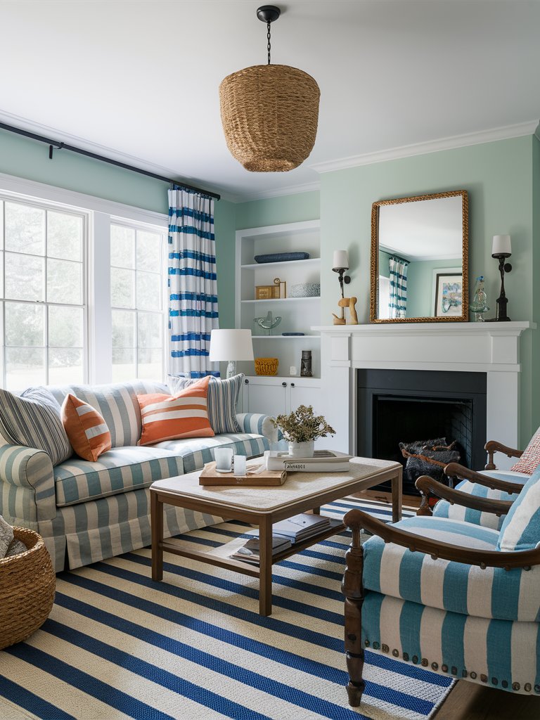 Add striped patterns reminiscent of beach towels or nautical themes on pillows, rugs, or upholstery.