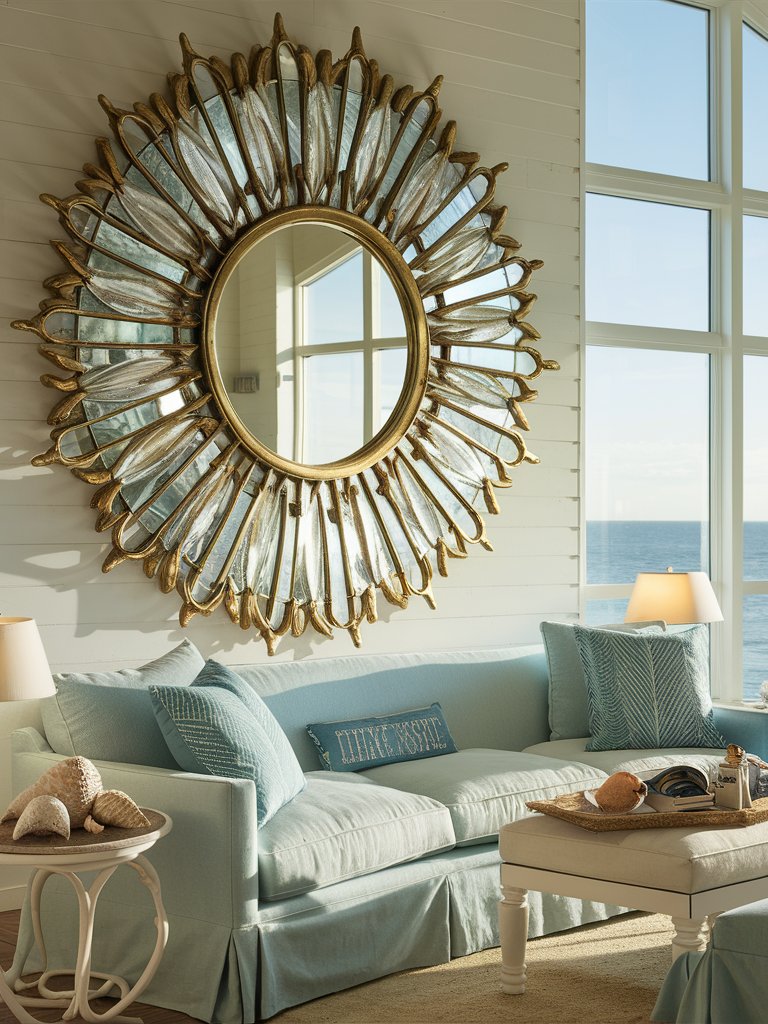 Add sunburst mirrors to reflect light and add a beachy, sun-inspired touch.