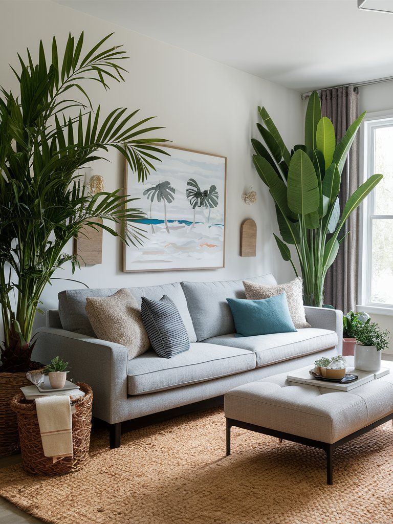 Bring in some indoor plants like palms or succulents to add a tropical feel.