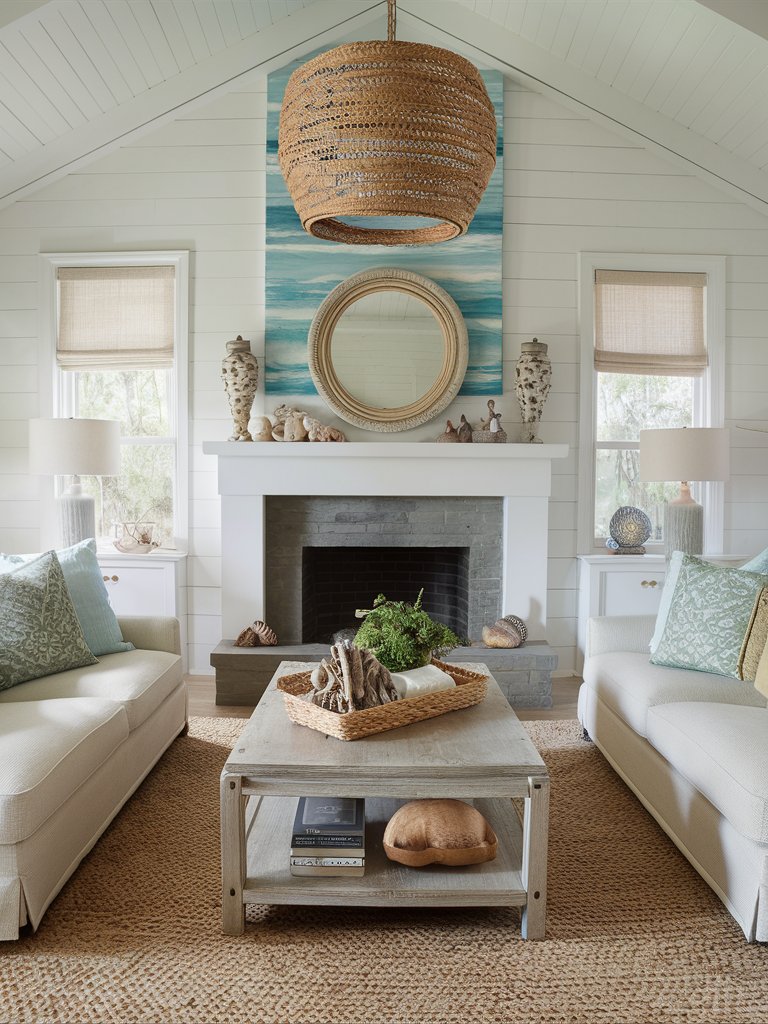 Bring outdoor elements like sand dollars, conch shells, and even a small sand feature inside.