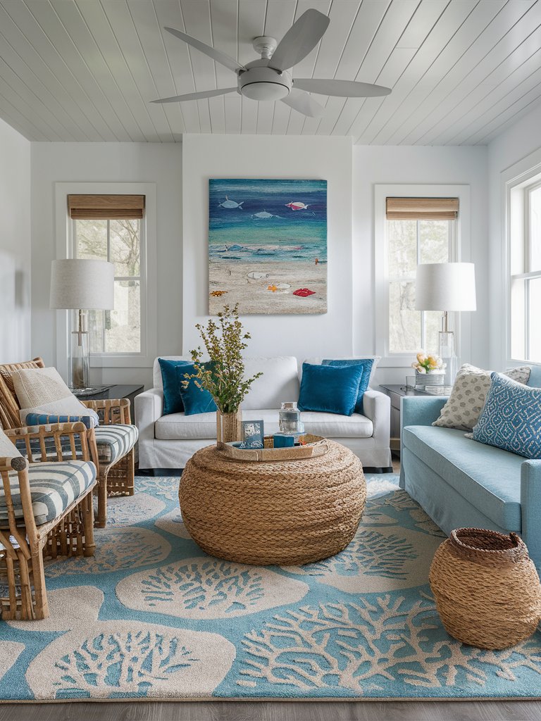 Choose rugs with beachy designs like waves, fish, or coral patterns.