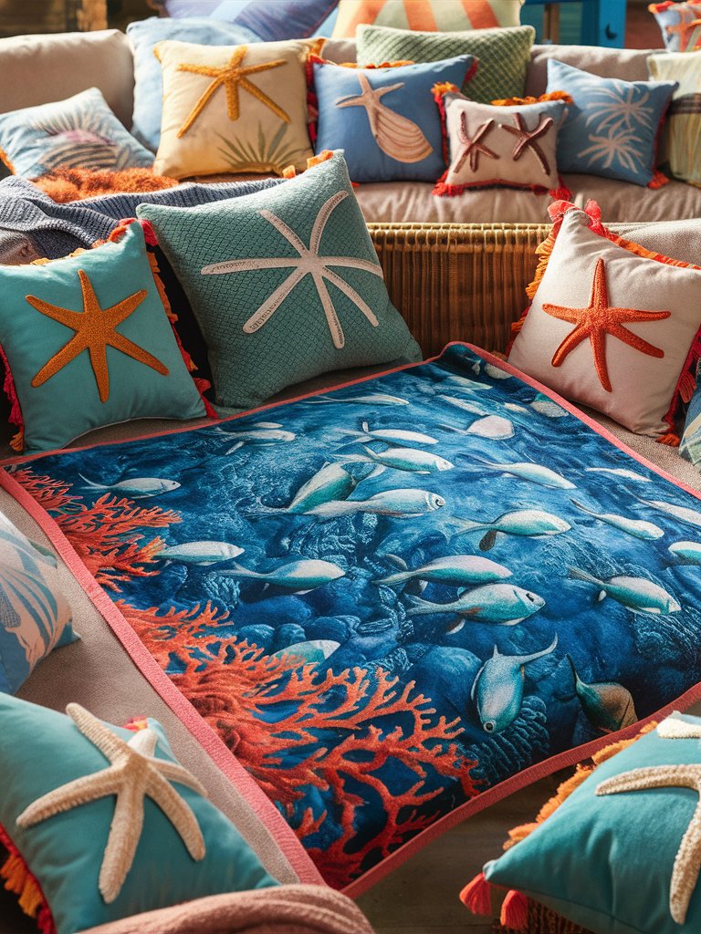 Choose throws and pillows with sea motifs like fish, shells, or starfish.