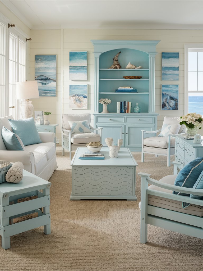 Consider painting furniture in shades of white or pale blue to fit the beach theme.