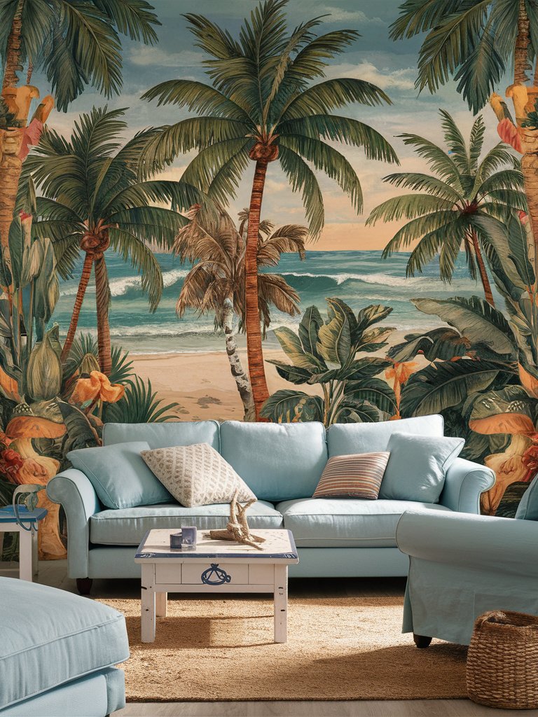 Consider wallpaper with beach themes like palm trees, waves, or tropical prints