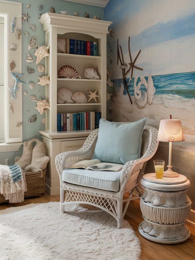 Create a cozy reading nook with a comfortable chair and beach-themed decor.