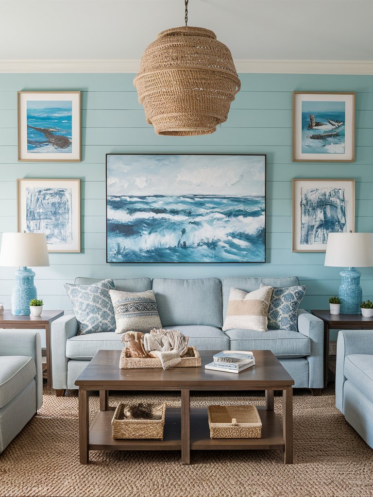 Create a gallery wall with coastal-themed art, photos, and decor.