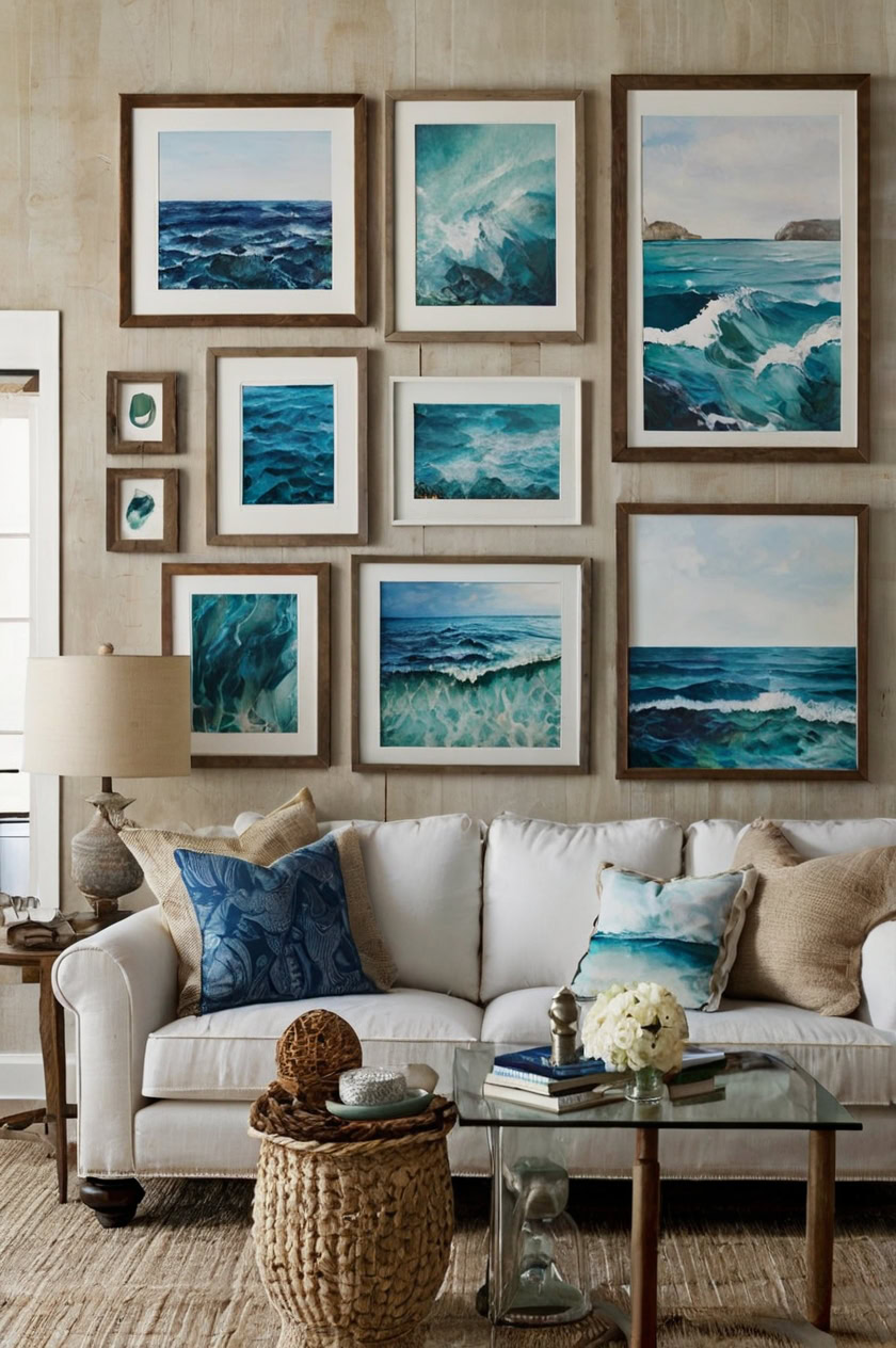 Decorate with large prints of beach photography.