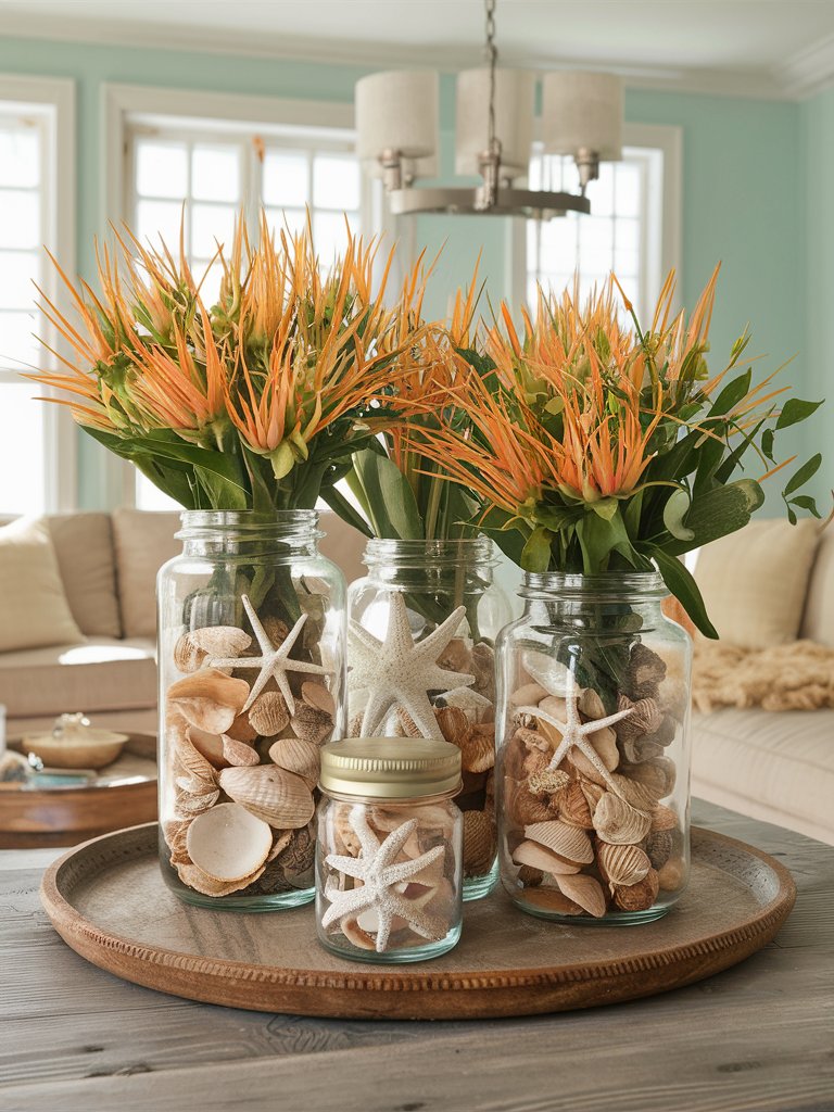 Display collections of shells, starfish, or sand dollars in glass jars or as part of a centerpiece