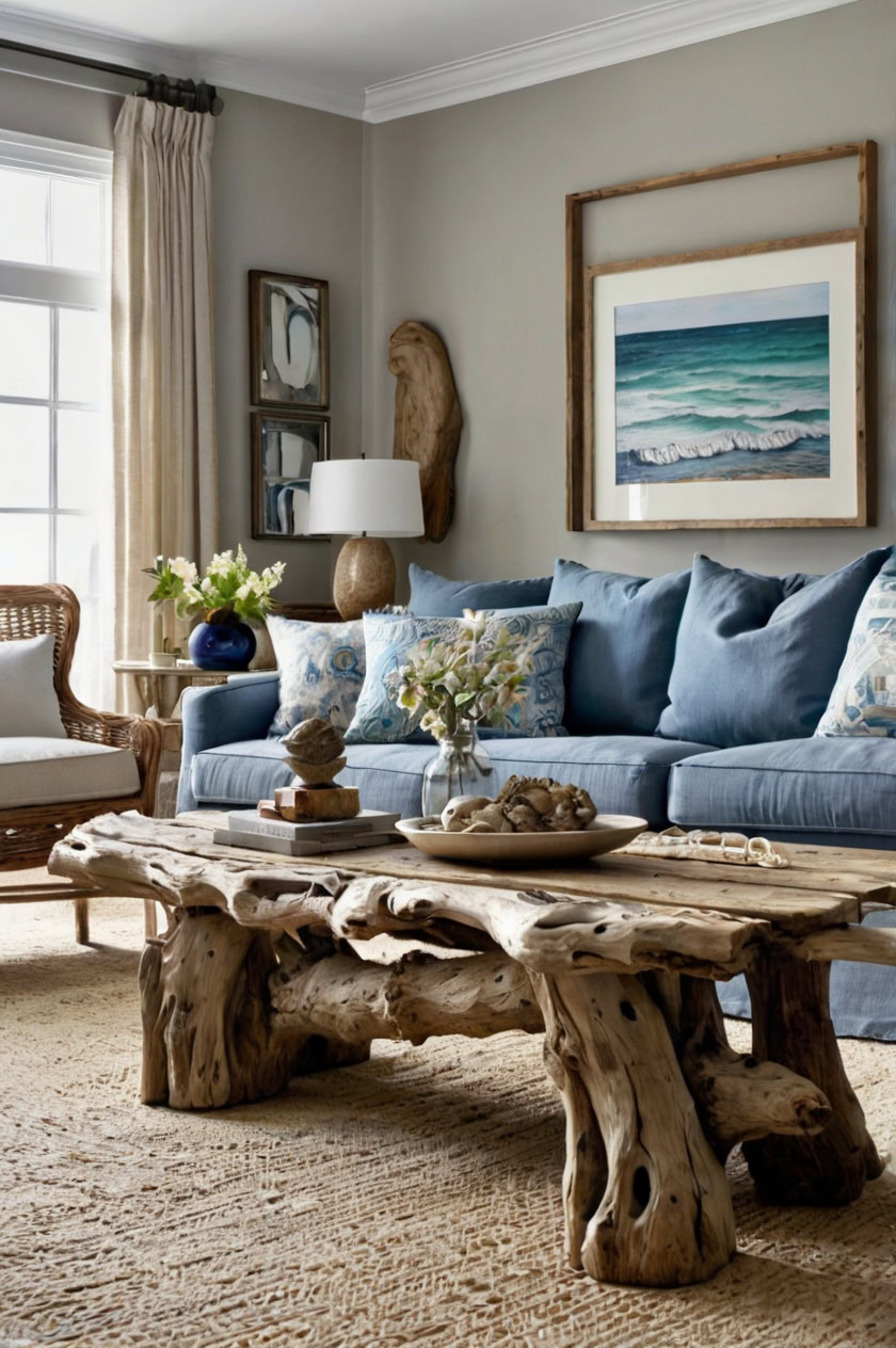 Include driftwood in your decor, whether it's a mirror frame, coffee table, or wall art.