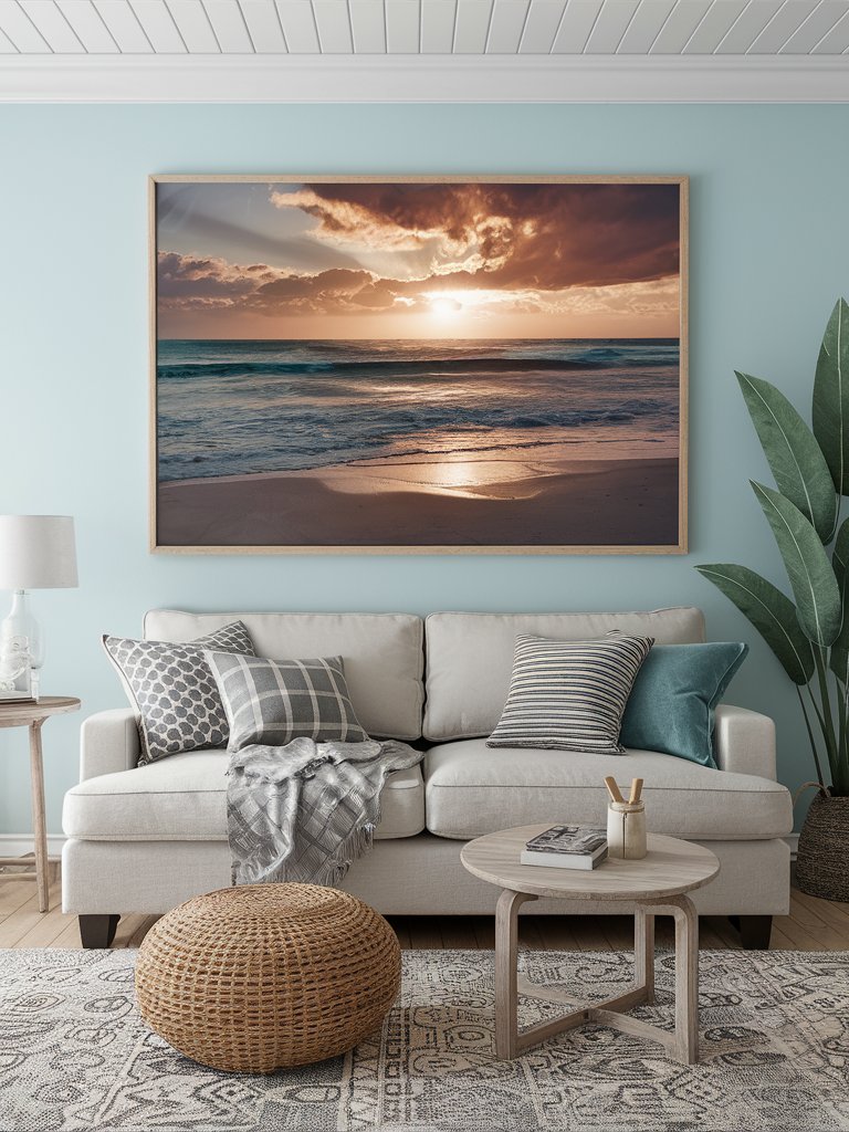 Hang artwork that features ocean scenes, marine life, or abstract pieces in shades of blue