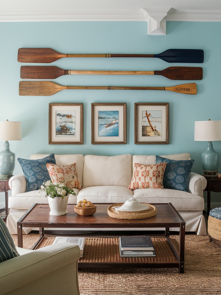 Hang old boat oars on the wall as a decorative element.