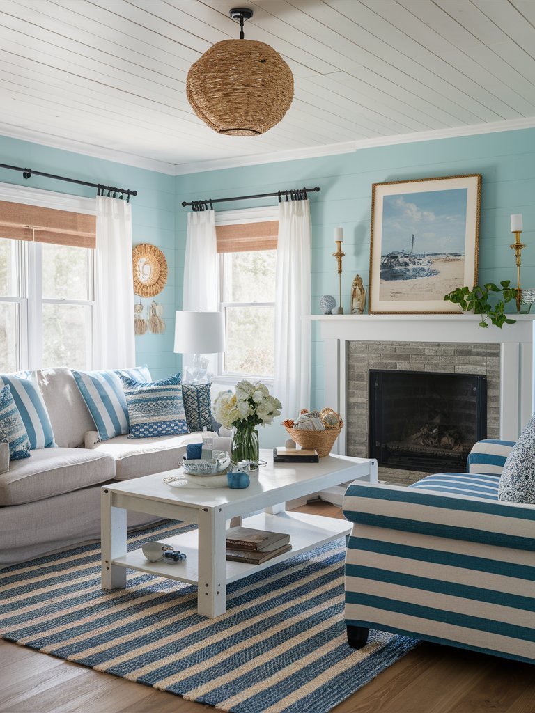 Incorporate blue and white stripes in your decor through throws, cushions, or rugs