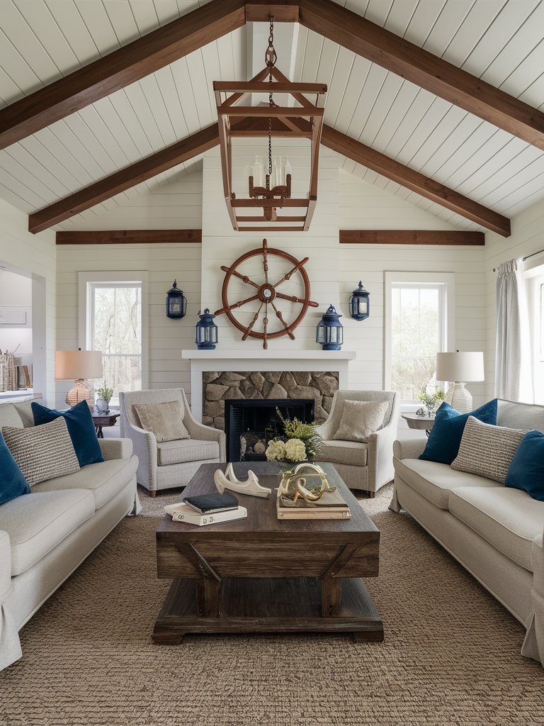 Incorporate nautical elements like ship wheels, anchors, and lanterns as decor accents