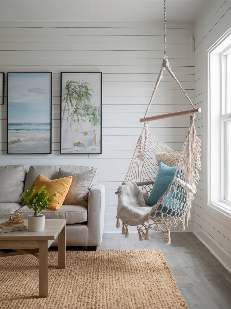 Install a hammock or hanging chair in a corner for a relaxed, beachy seating option.