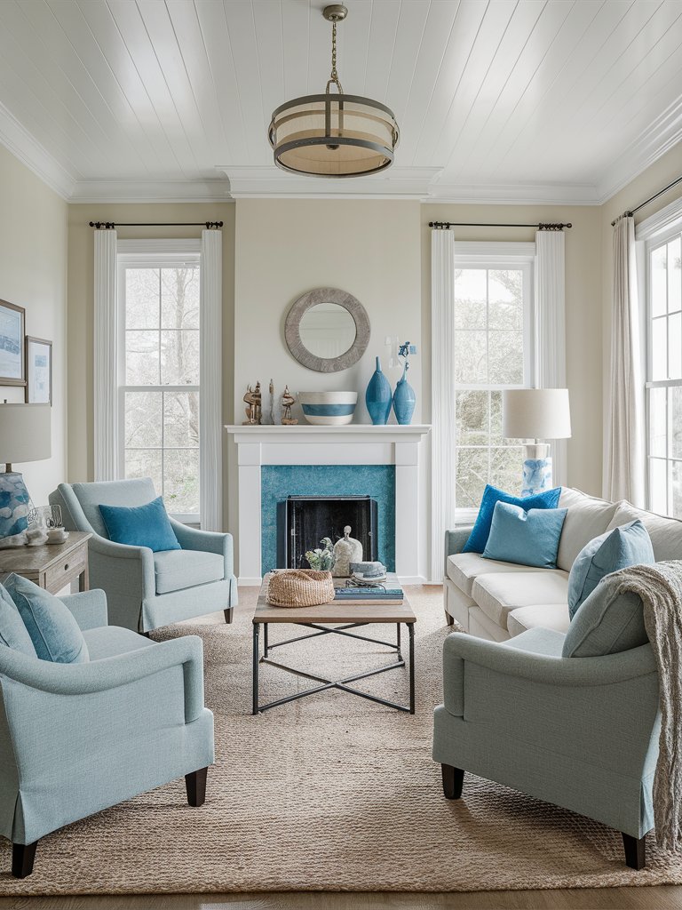 Start with a soft, neutral base and add in blue accents to keep the space feeling calm and serene