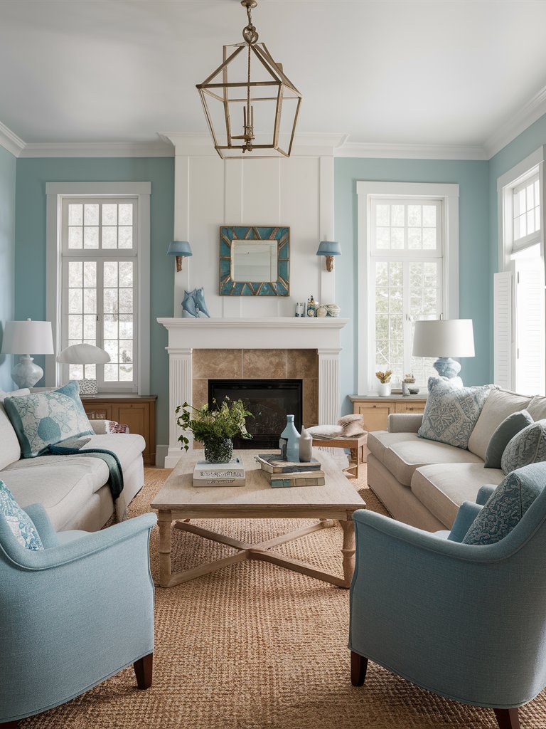 Use a palette of soft blues, sandy beiges, and crisp whites to evoke the feeling of the sea and beach