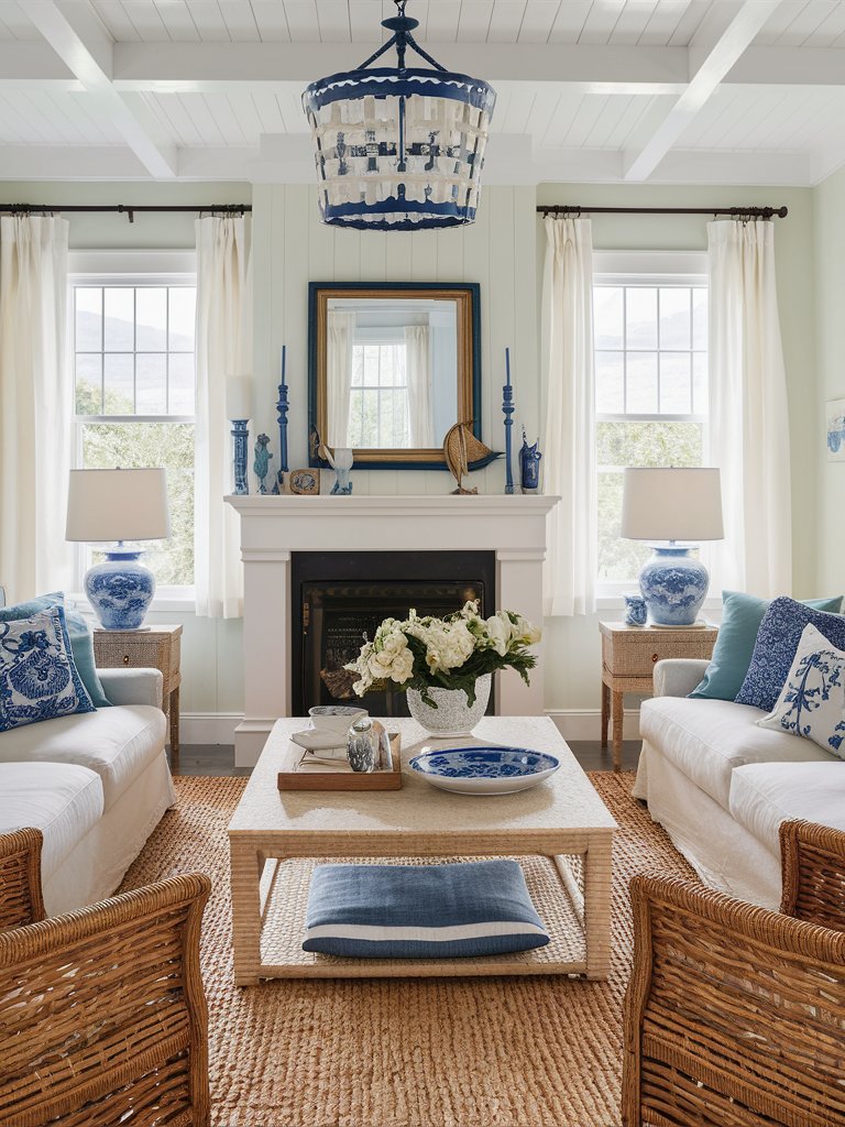 Use blue and white porcelain vases, plates, or decorative objects for a coastal touch.