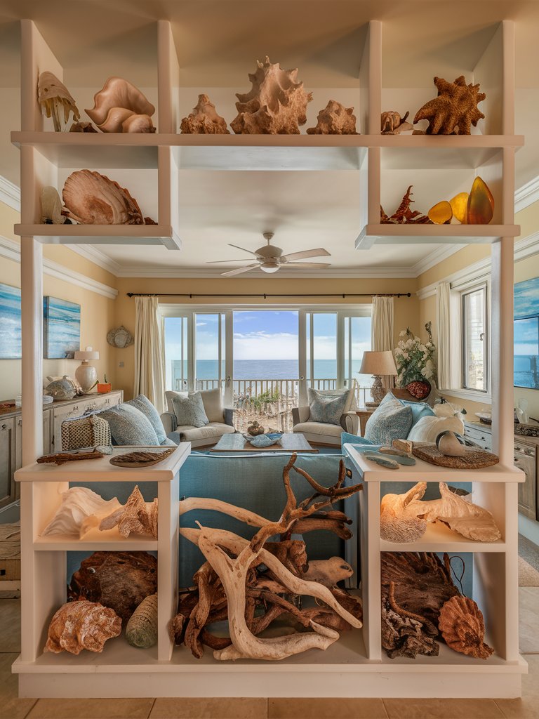  Use open shelving to display beach finds, like shells and beach glass.