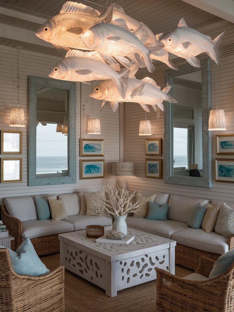 Use light fixtures that resemble sea life, like shell or fish-shaped lamps. 