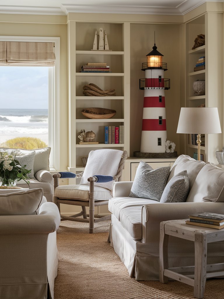 Use small lighthouse models or decor pieces to enhance the nautical theme.