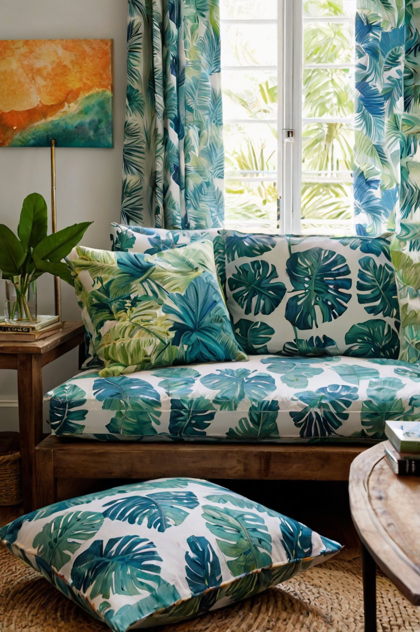 Use tropical prints on cushions, wall art, or curtains to bring in a vacation vibe.