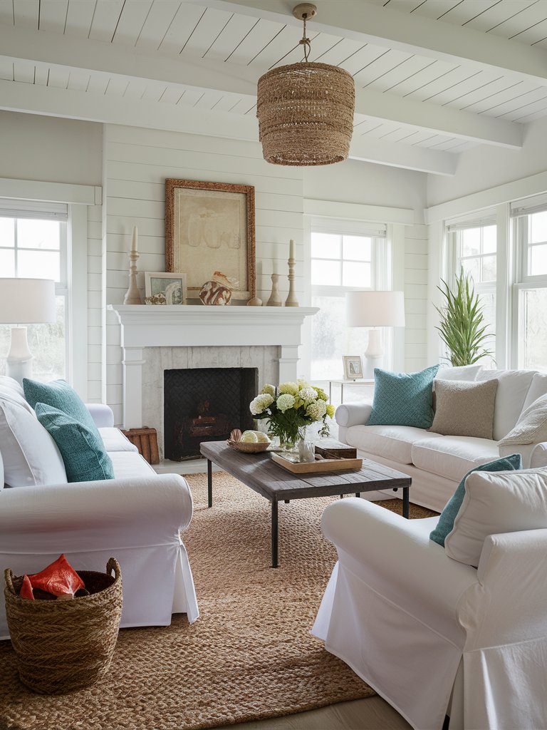 Use white slipcovers on furniture for an easy, breezy beach look that’s also practical