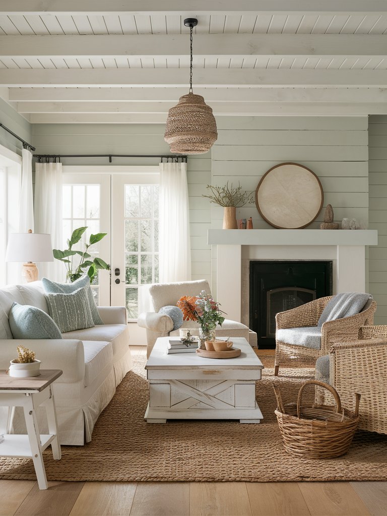 Use whitewashed or light-colored wood for furniture and flooring to create a beachy look.