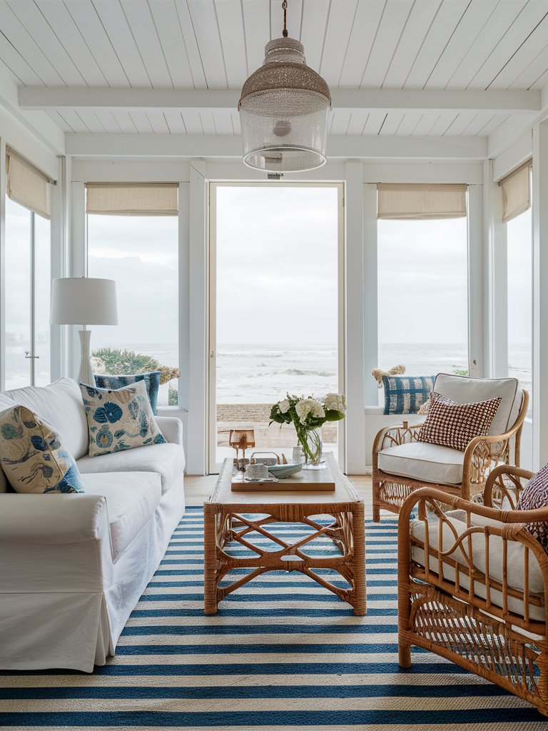 A beach living room with cool views, white upholstered and rattan furniture, a striped rug and printed pillows.