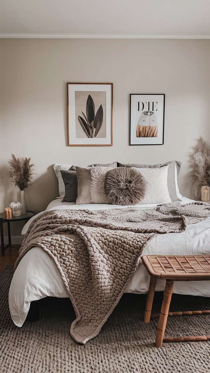  Add a chunky knit blanket in a soft beige or gray to your bed for a cozy, inviting touch.