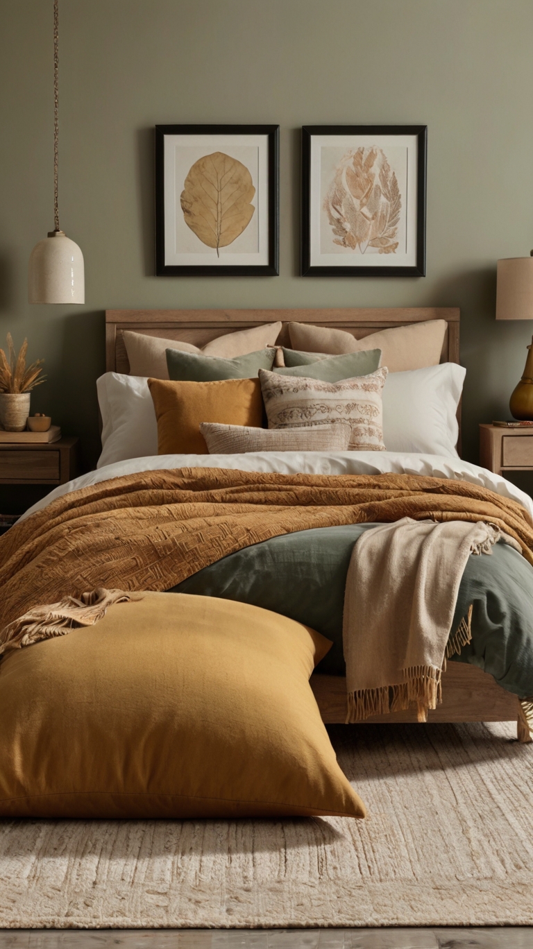 Add decorative pillows in muted fall shades like mustard yellow, burnt orange, or sage green.