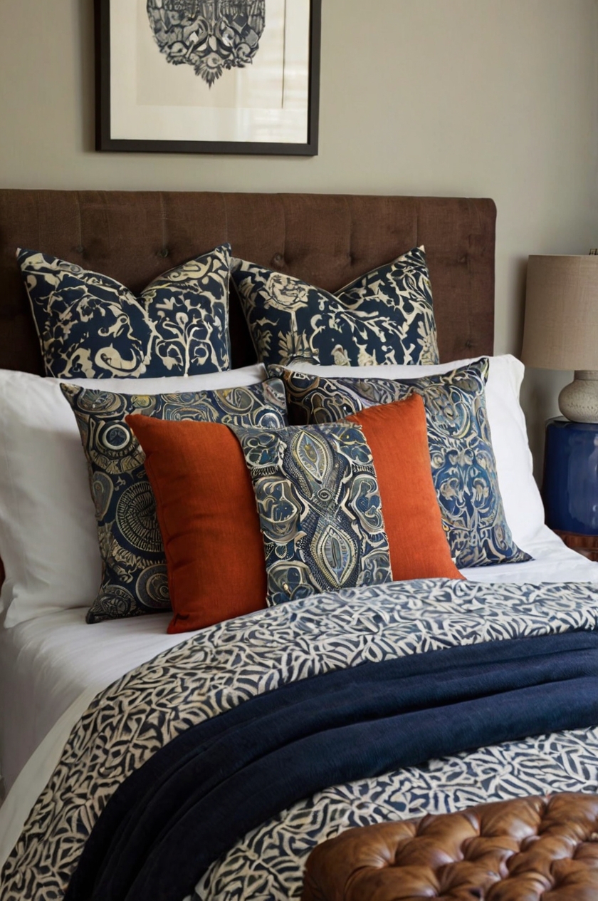 Add personality with bold, patterned throw pillows.