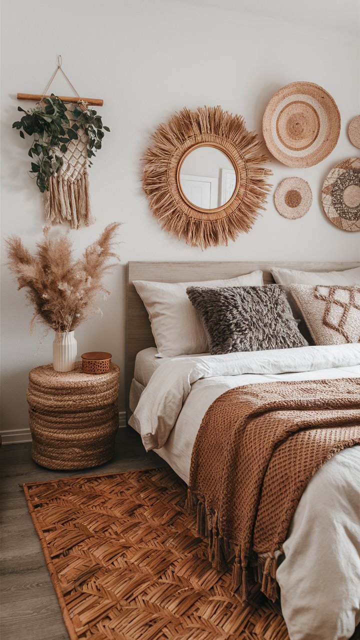 Add woven baskets, rugs, or wall hangings to bring warmth and texture to the room.