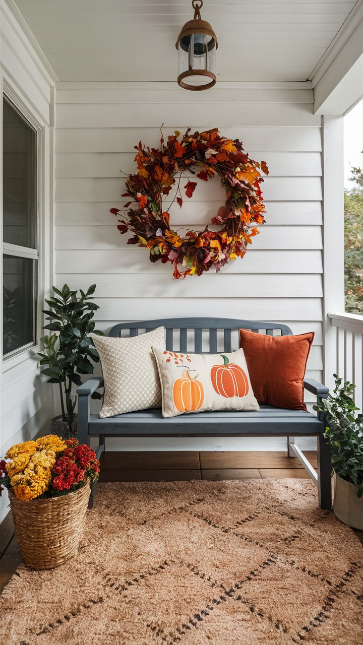 Adding fall throw pillows to your porch seating area is an easy and inexpensive way to incorporate seasonal decor.