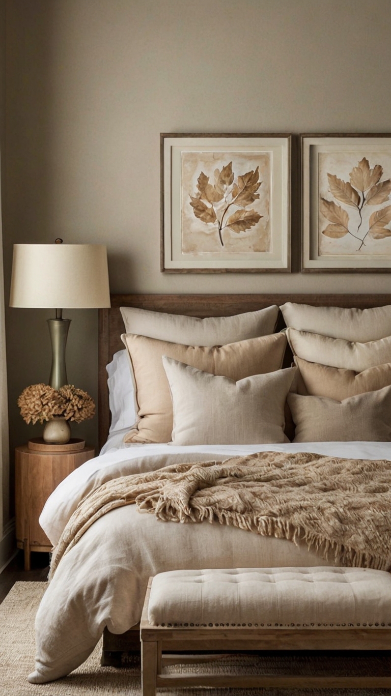  Choose wall art in neutral tones that reflect the calming essence of fall.