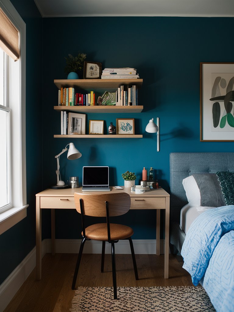 Create a compact desk area with a simple table and chair for a productive workspace. 