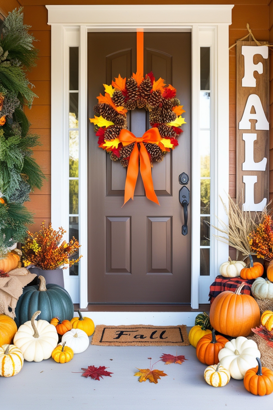  Create a fall wreath using inexpensive materials like pinecones, faux leaves, and ribbons. 