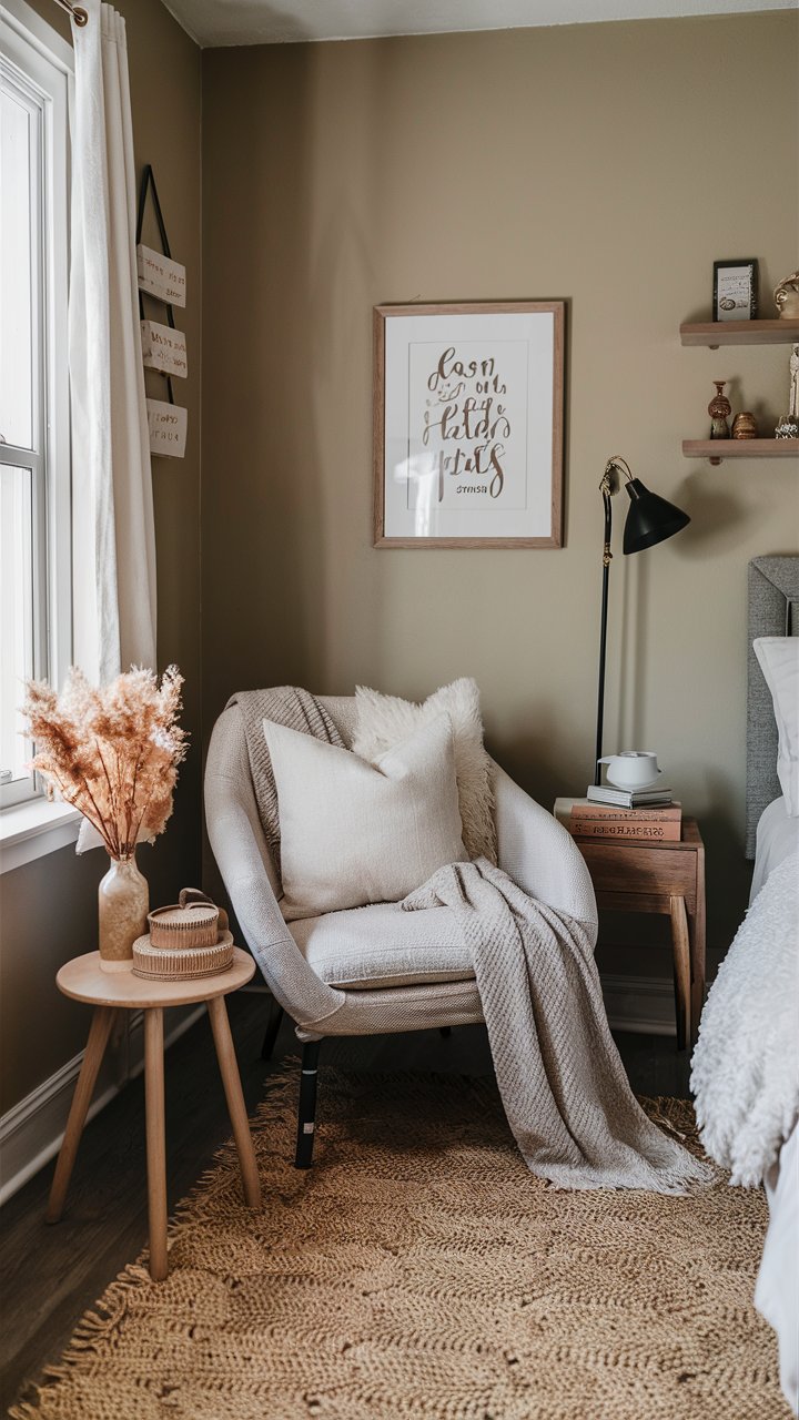  Create a small reading corner with a comfy chair, soft blanket, and neutral-colored cushions.