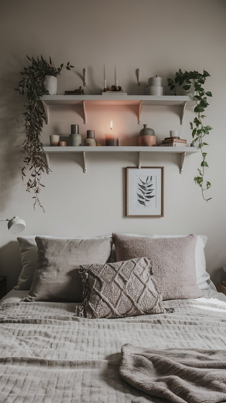 Decorate open shelves with simple fall decor in muted tones like candles, small plants, or neutral ceramics.