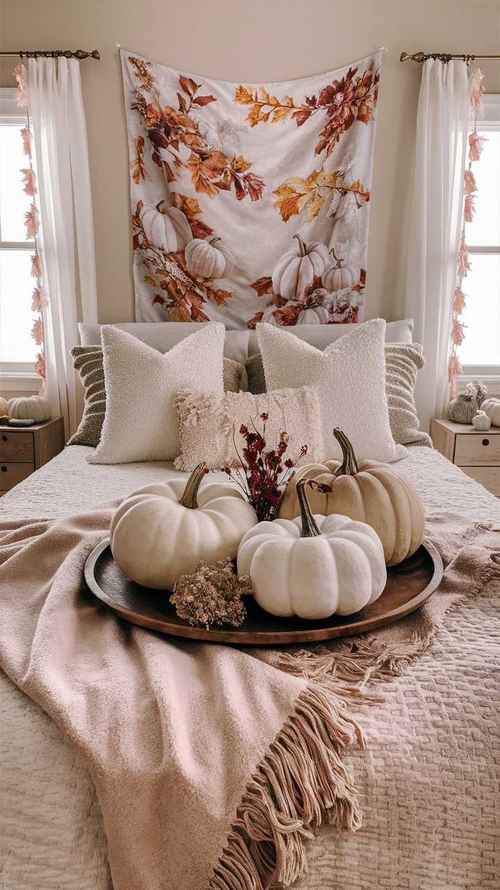 Decorate with white or beige pumpkins for a simple fall touch.