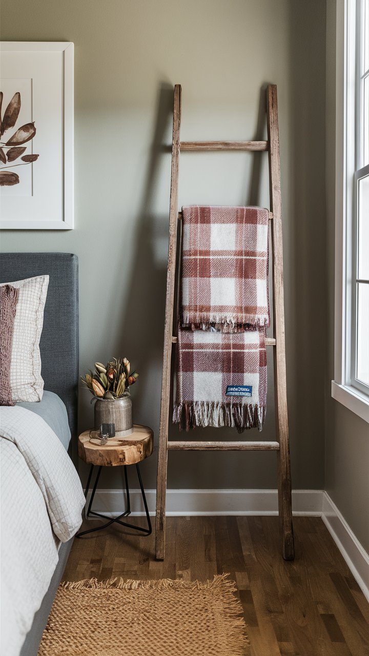  Display a muted plaid blanket on a rustic wooden ladder for easy access and decor.