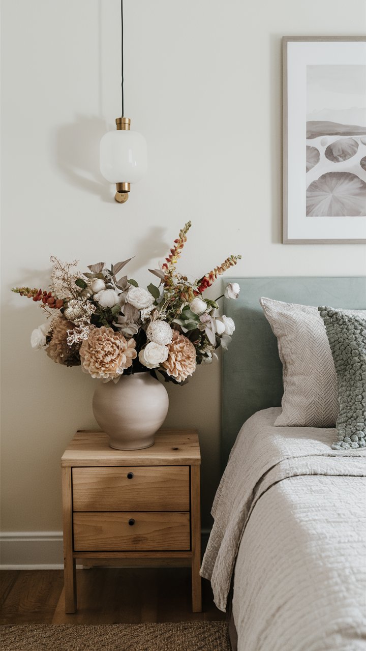 Display fall flowers in neutral shades like ivory, blush, or sage in simple vases.