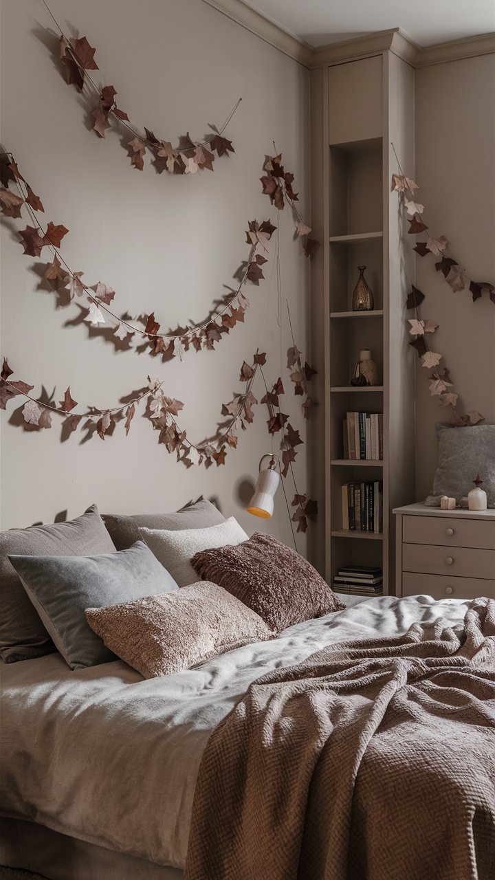 Drape a garland of neutral-toned leaves across a headboard or shelf.