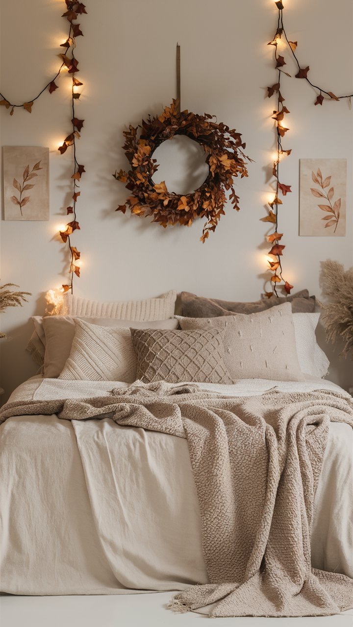 Hang a minimalist fall wreath above the bed or on a wall for seasonal decor.