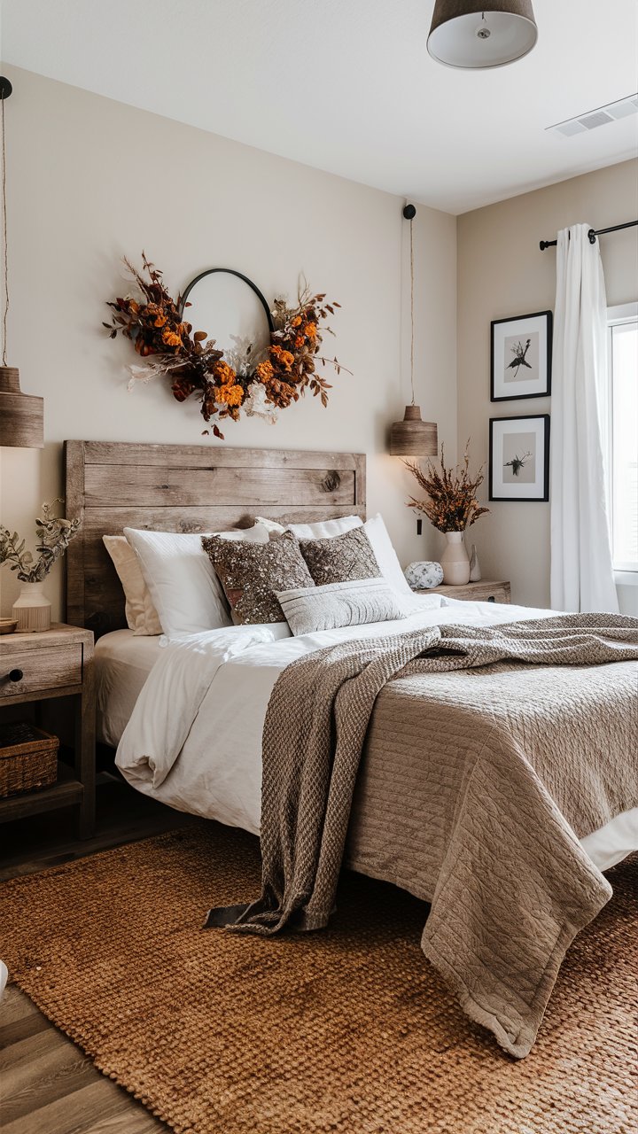  Include wooden elements like a headboard, nightstands, or shelves in neutral tones.