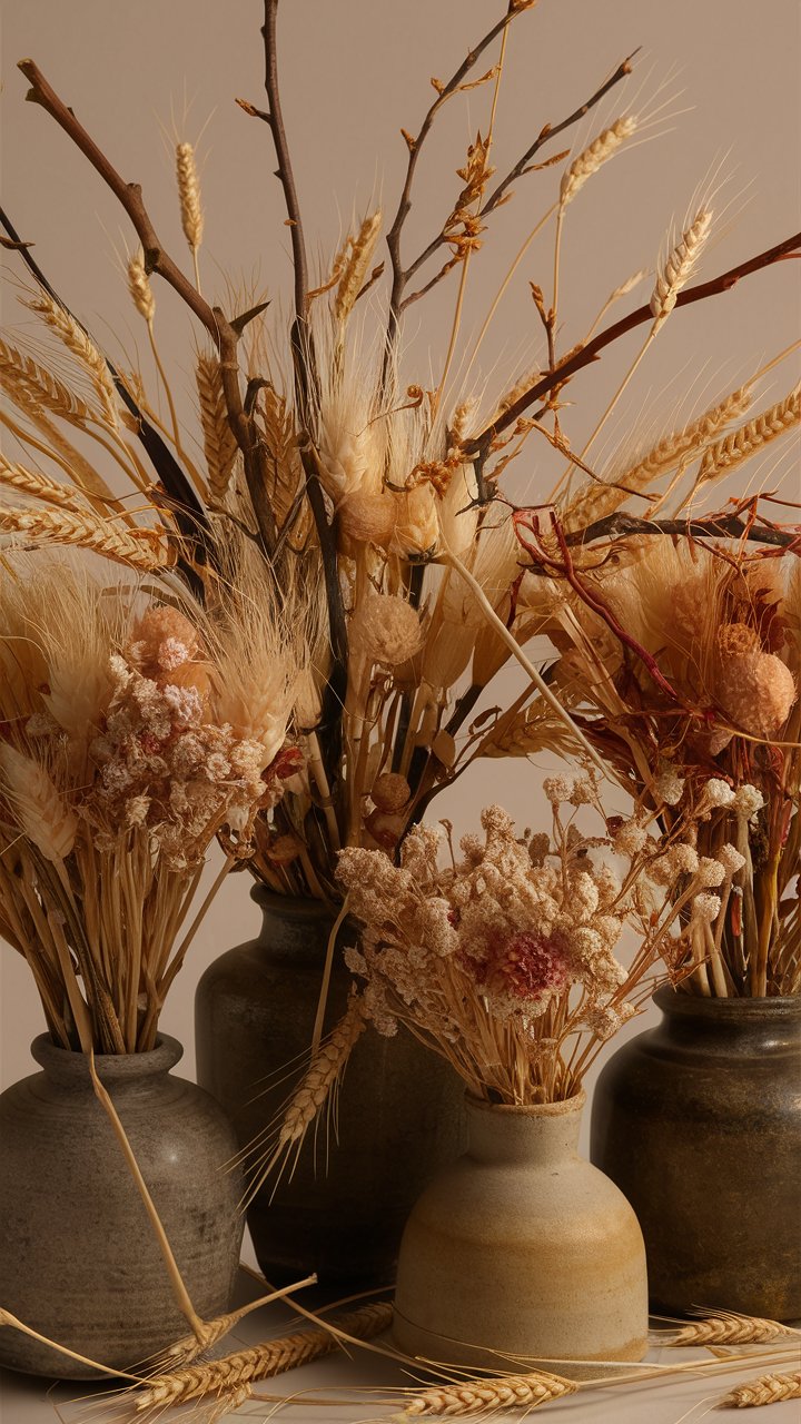  Incorporate dried flowers, branches, or wheat stalks in vases for a touch of nature.