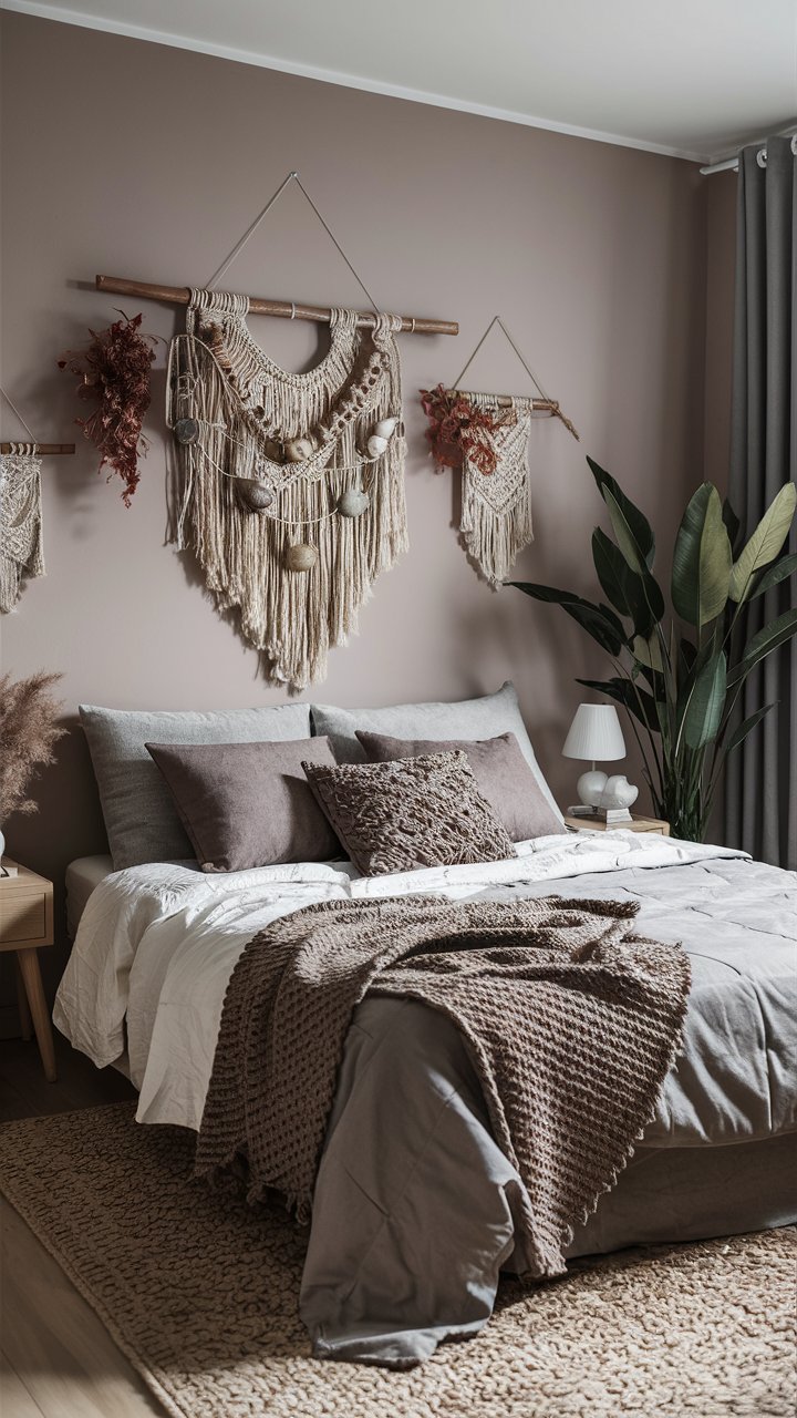 Incorporate macramé or woven wall hangings to add texture and a boho feel.