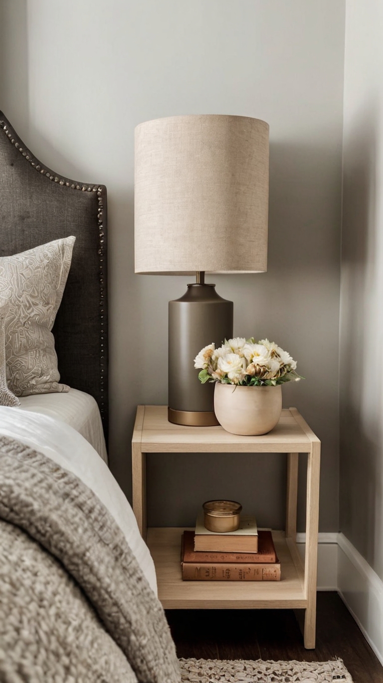 Keep nightstands simple and clutter-free, with just a lamp, a book, and a small piece of decor.