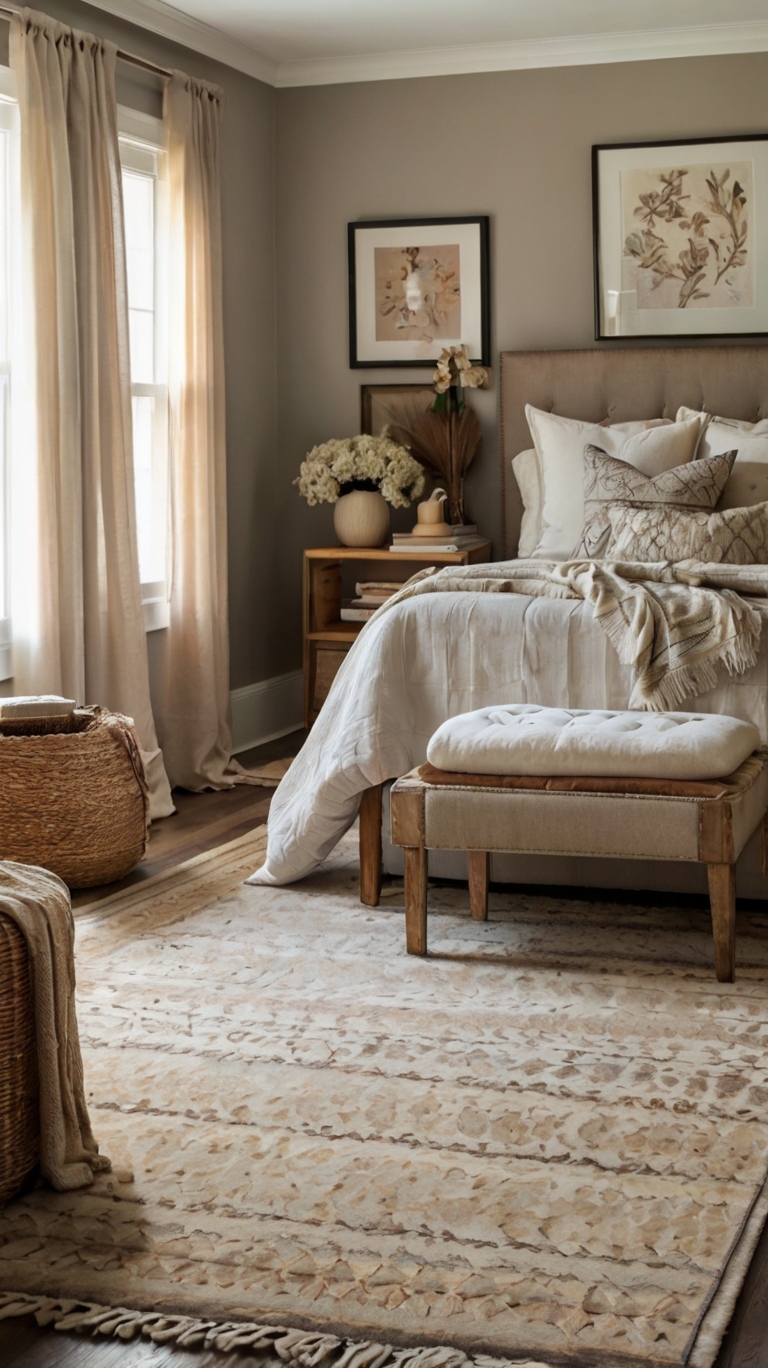 Layer a smaller, patterned rug over a larger neutral area rug for added depth.