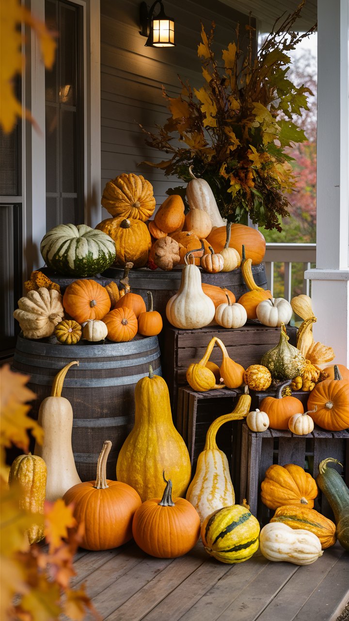 Mix and match different types of gourds for a diverse and interesting display.