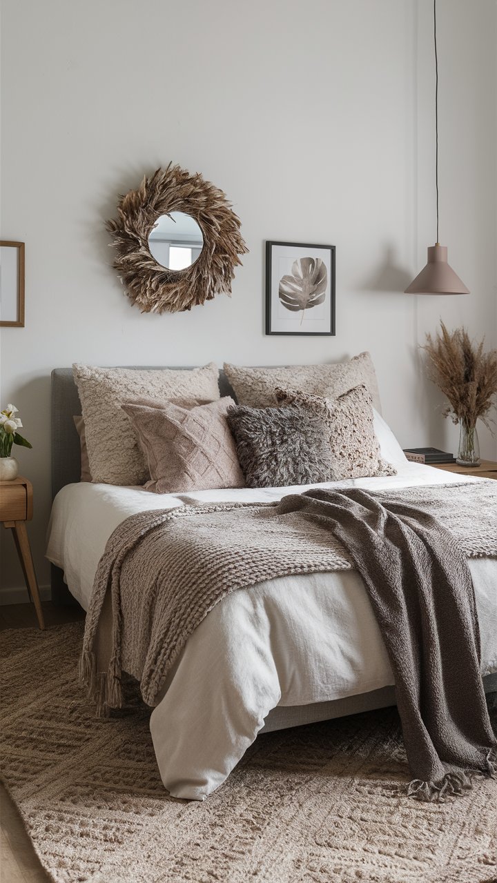 Mix and match pillows with different textures, like knit, linen, and faux fur, in neutral tones.